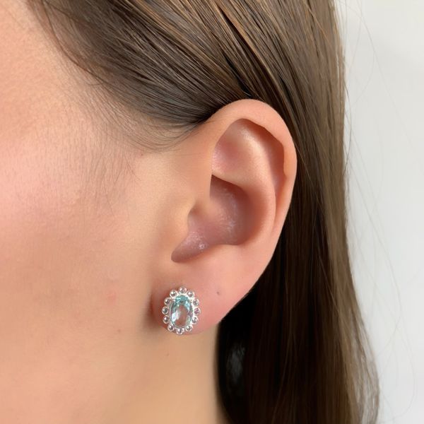 Brinco Prata Legítima 925 Oval Agua Marinha e Cristal 