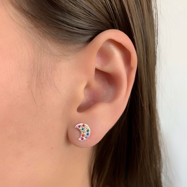 Brinco Prata Legitima 925 Lua com Zirconia Colorida 