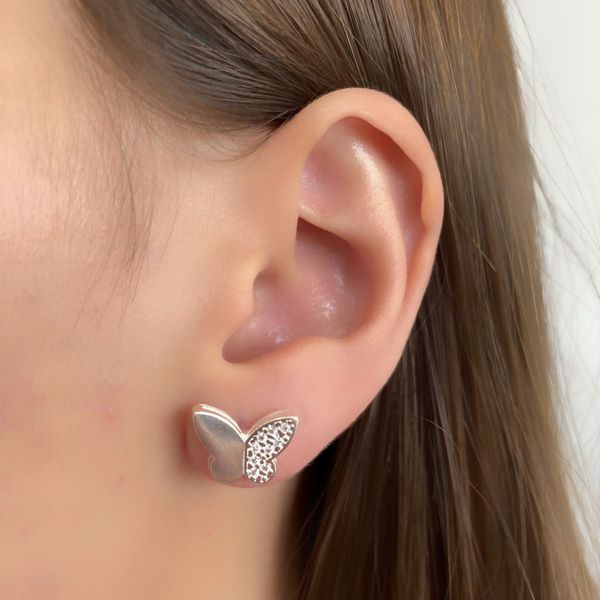 Brinco Prata Legitima 925 Medio Borboleta Origami Metade lisa e com Zirconia 