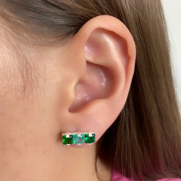 Brinco Prata Legítima 925 Tres Quadrados Verde Claro e Esmeralda