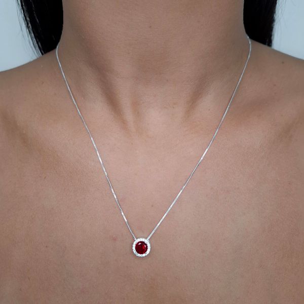 Corrente Com Pingente Redondo Vermelho Cravejado Prata 925