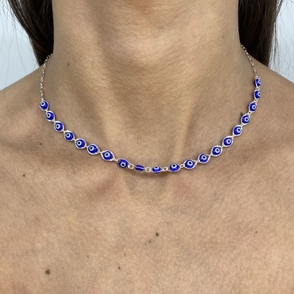 Choker Olho Grego Azul Escuro 3,3gr Prata 925
