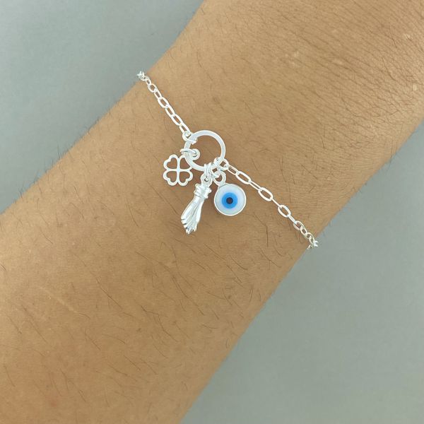 Pulseira Patua Figa/Trevo/Olho Grego 1,6gr Prata 925