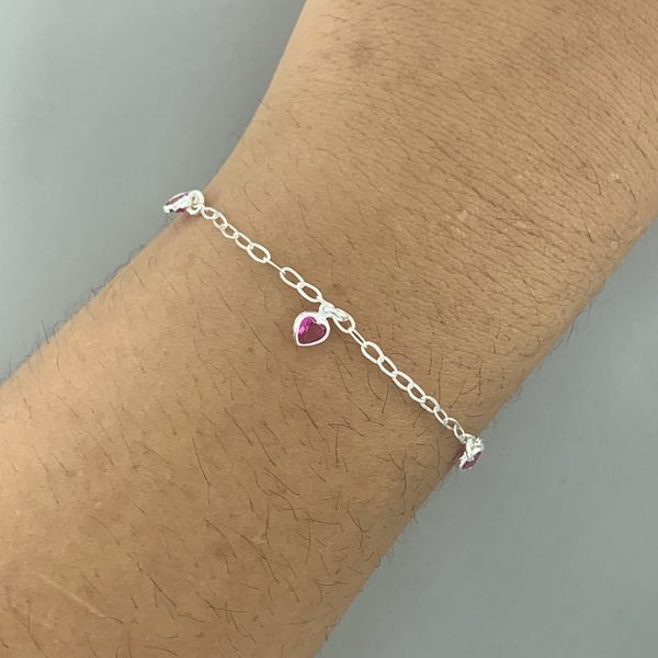 Pulseira Pingentes Coração Rosa Escuro 1,4gr Prata 925