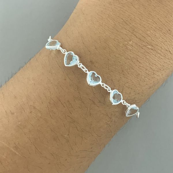 Pulseira 5 Corações Zirconia Agua Marinha 1,9gr Prata 925