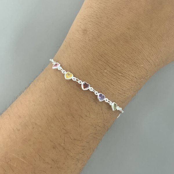 Pulseira 5 Corações Zirconia Colorida 1,6gr Prata 925