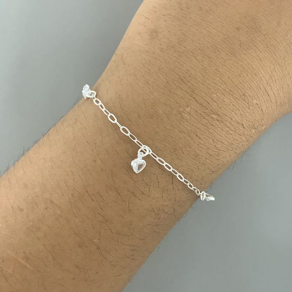 Pulseira 5 Pingentes Corações Zirconia Cristal 1,6gr Prata 925