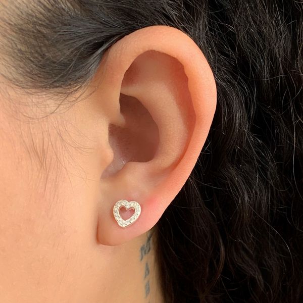 Brinco Prata Legitima 925 Coração Vazado com Zirconia 