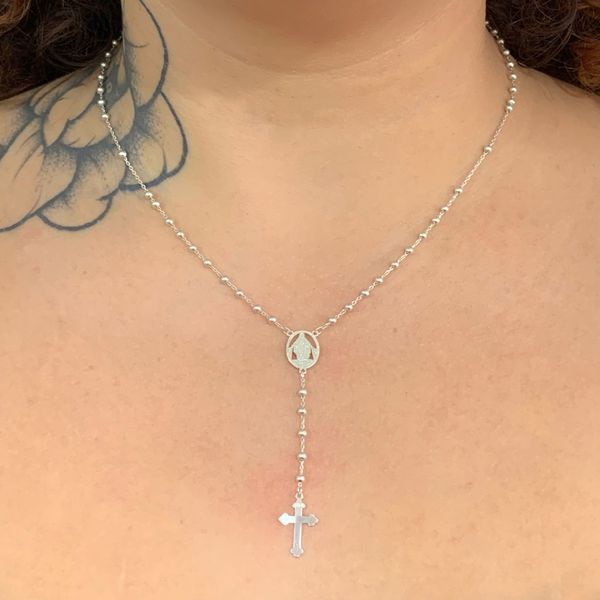 Terço Prata Legitima 925 Bola 2,5cm 45cm Nossa Senhora Graças e Cruz 