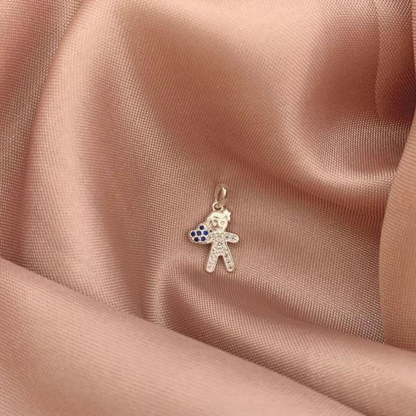 Pingente Menino Zirconia Cristal Coraçao Azul Prata 925