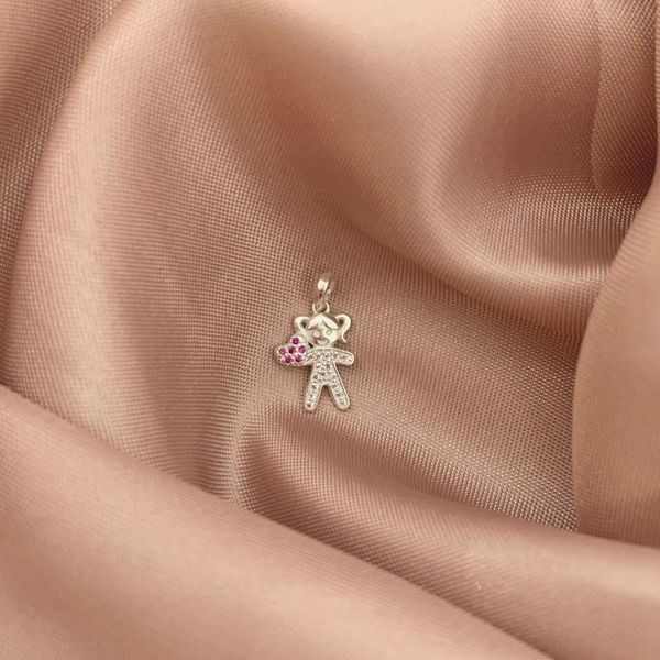 Pingente Menina Zirconia Cristal e Coraçao Rosa Prata 925