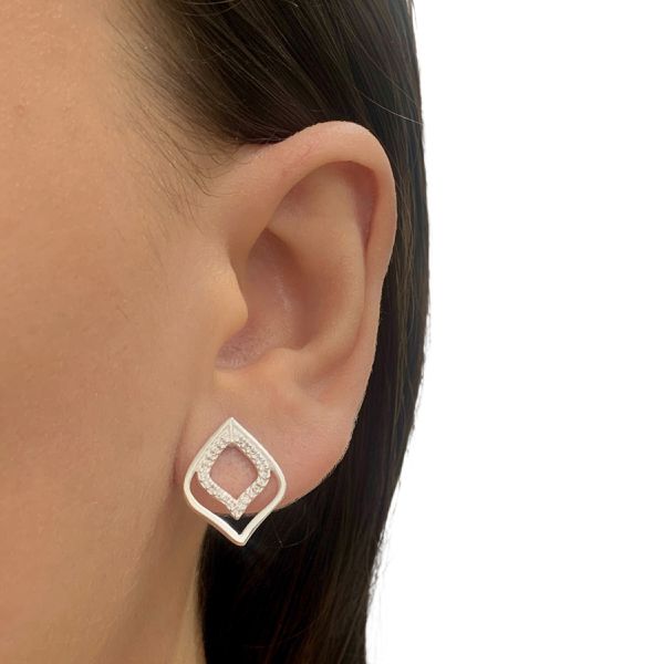 Brinco Prata Legítima 925 Losango Duplo com Zirconia Vazado
