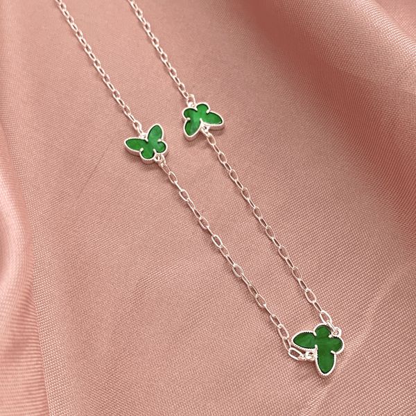 Choker Borboletas Resina Verde Esmeralda 4,1gr Prata 925