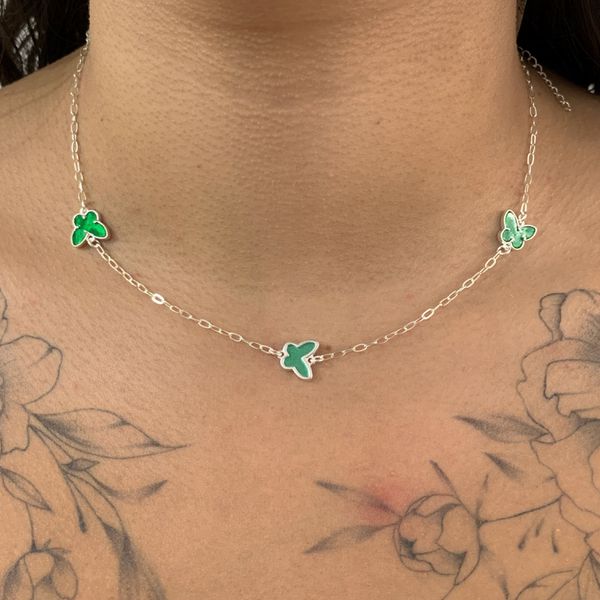Choker Borboletas Resina Verde Esmeralda 4,1gr Prata 925