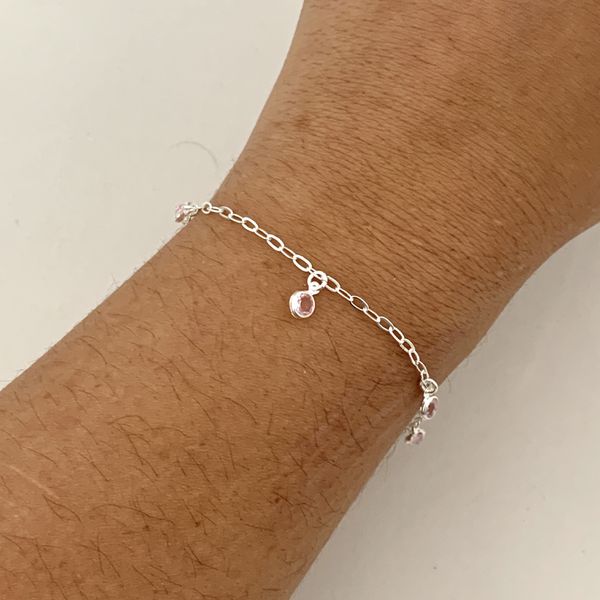Pulseira Com Pingentes Zirconia Rosa Prata 925