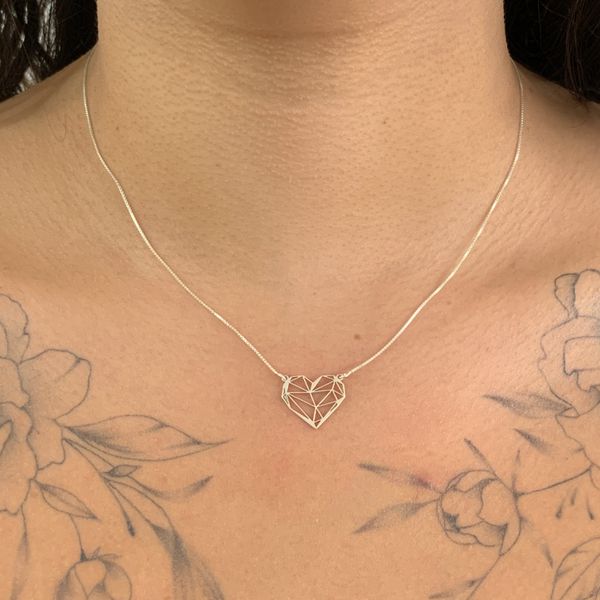 Colar Prata Legitima 925 com Pingente Coração Vazado 