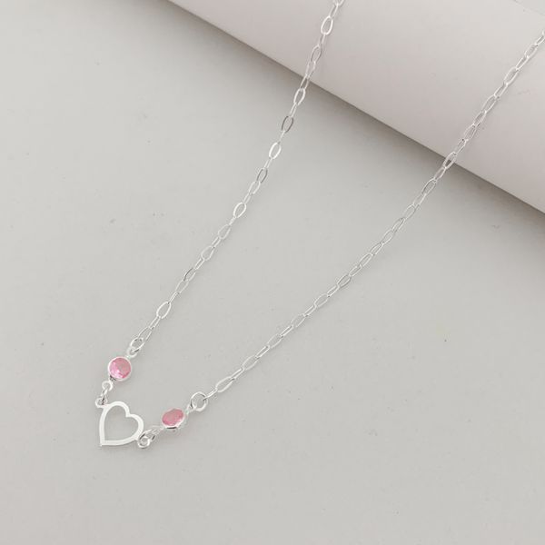 Choker Coração Vazado e Zirconia Rosa Claro Prata 925