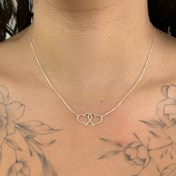 Colar Prata Legitima 925 com Pingente Coração Duplo Vazado 