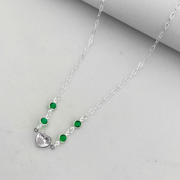 Choker Coração Cristal e Zirconia Redonda Verde 2,9gr Prata 925