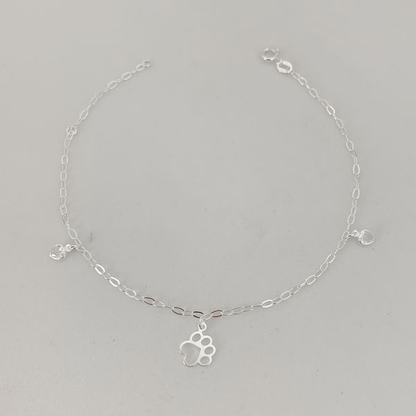 Tornozeleira Prata Legítima Pingente Pata Vazada e Zirconia 1,5gr