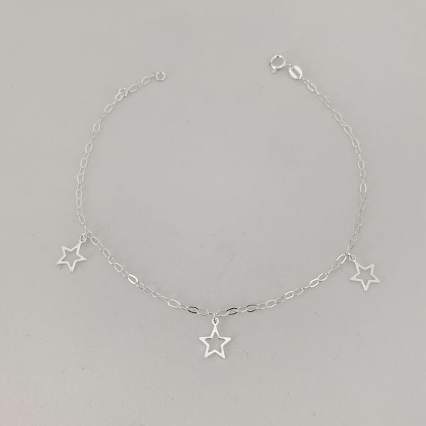 Tornozeleira Prata Legítima 925 Pingentes Estrelas Vazada 1,6g 
