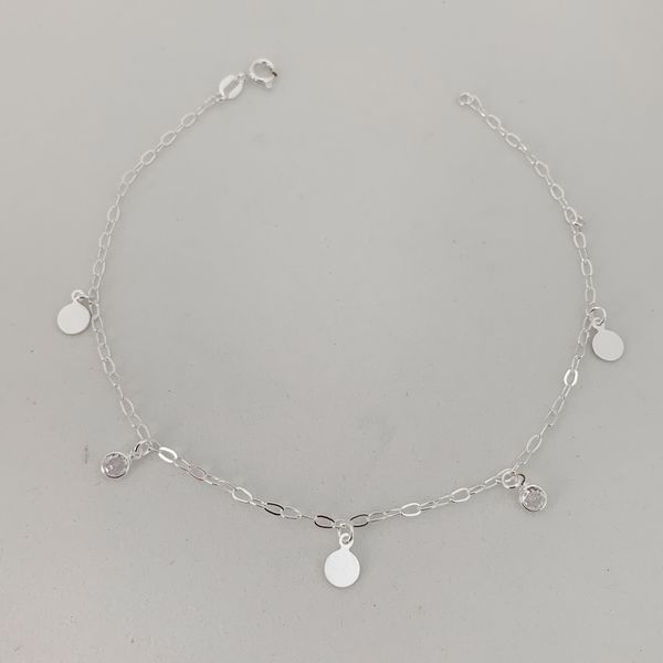 Tornozeleira Pingente Medalhas Lisas e Zirconia 1,8gr Prata 925