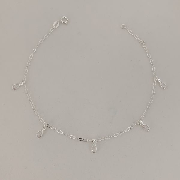 Tornozeleira Prata Legítima 925 Pingentes Gota Zirconia 1,8gr