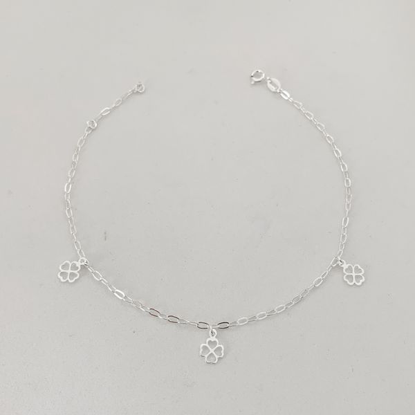 Tornozeleira Prata legítima 925 Pingentes Trevos Vazados 1,4g
