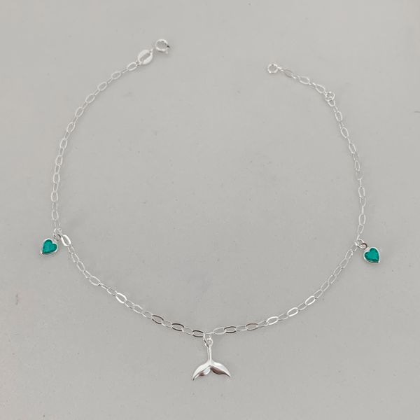 Tornozeleira Pingente Cauda de Sereia e Zirconia Verde Prata 925