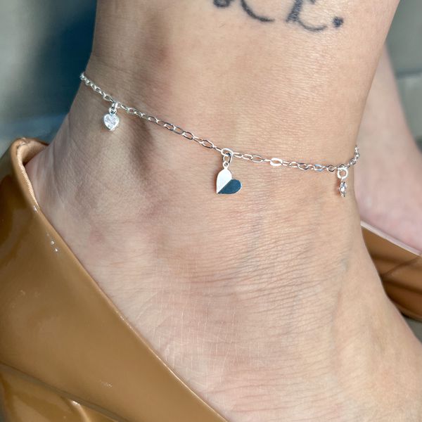 Tornozeleira Prata Legítima 925 Estrela Vazada e Coração Cristal 1,5gr