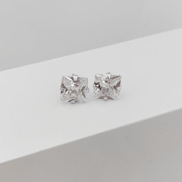 Brinco Prata Legítima 925 Quadrado Zirconia Cristal 8 milímetros