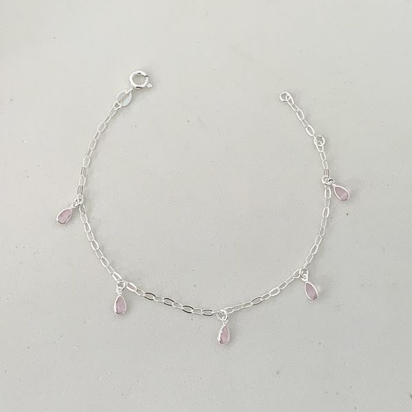 Pulseira Prata Legítima 925 com 5 Gotas de Zirconia Rosa Claro 