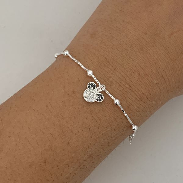 Pulseira Prata Legítima Infantil Bolinha com Pingente Urso 14 centímetros