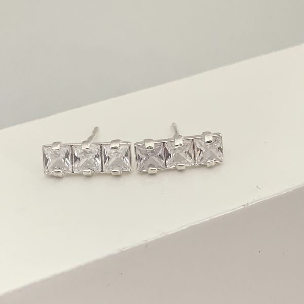 Brinco Prata Legítima 925 Três Quadrados Cristal