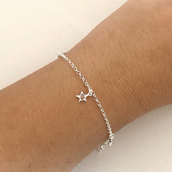 Pulseira Prata Legitima 925 Feminina 5 Pingentes Estrela Zirconia Cristal 