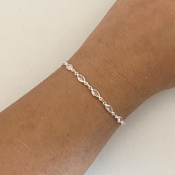 Pulseira Prata Legítima 925 5 Zirconias Navete Cristal