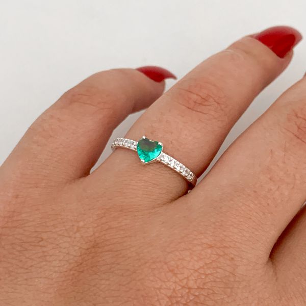 Anel Prata Legitimo 925 Meia Aliança com Zirconia de Coração 5mm Verde Água 