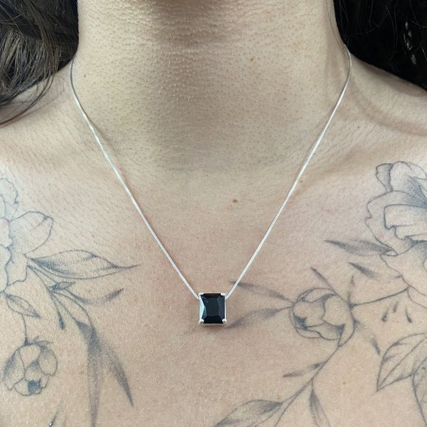 Colar Prata Legítima 925 Veneziana com Pingente Zirconia Preta Retangular 45 cm 
