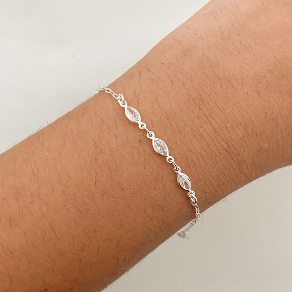 Pulseira Prata Legítima Infantil 3 Zirconias Navete Cristal 16 centímetros