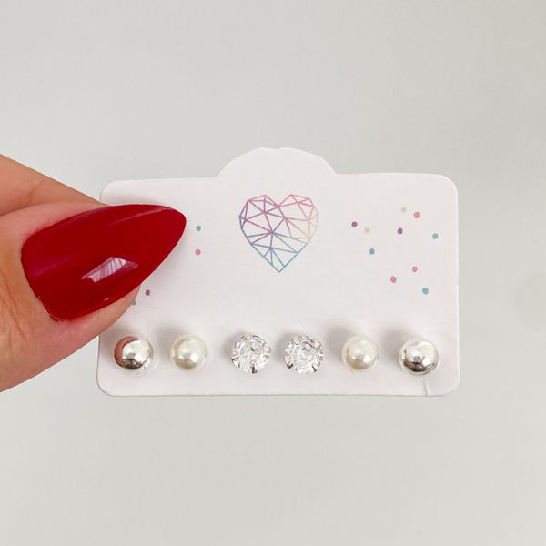 Trio Brincos Prata Legitima 925 Bola / Solitário / Pérola 5mm