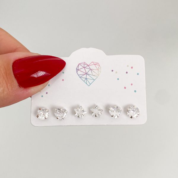 Trio Brincos Prata Legitima 925 Solitário / Estrela / Coração 5 milimetros