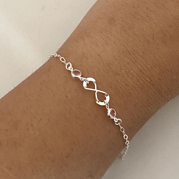 Pulseira Prata Legitima 925 Infinito e Zirconia Rosa Claro 1,3gr