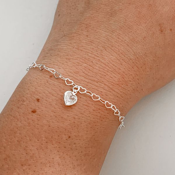 Pulseira Prata Legitima 925 Elos de Coração com Zirconia Cristal 1,1gr
