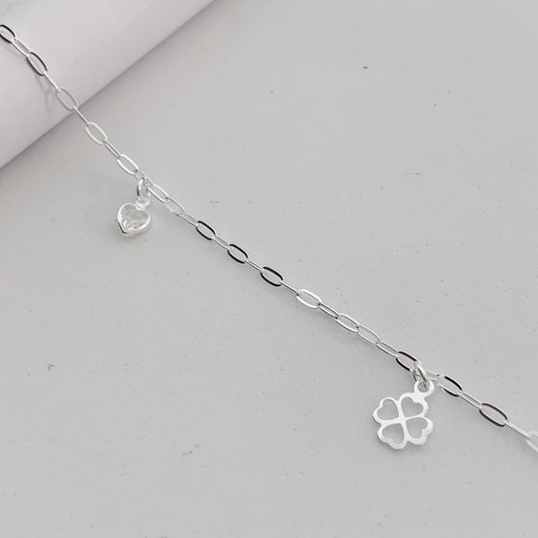 Tornozeleira Prata Legitima 925 Trevo + Coração Zirconia Cristal 1,5gr