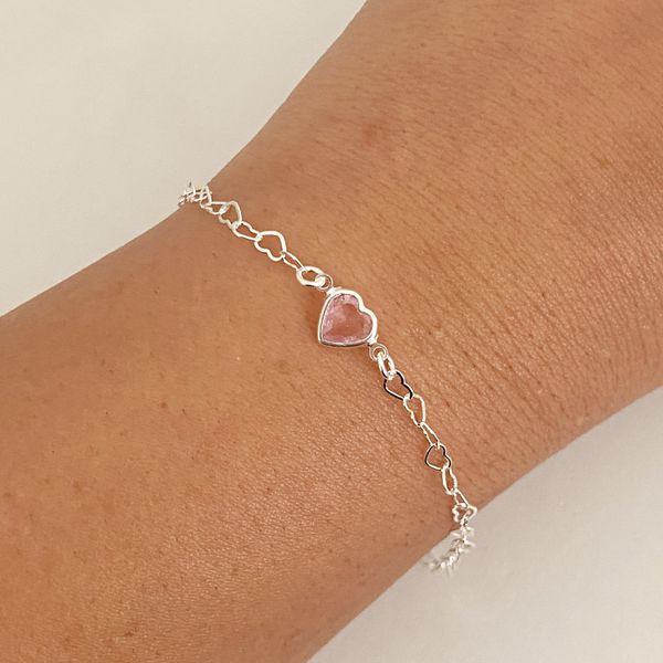 Pulseira Prata Legitima 925 Elo Coração com Zirconia Rosa 1gr