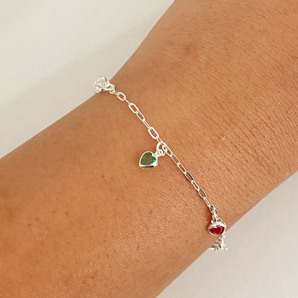 Pulseira Infantil Prata Legitima 925 Corações Coloridos 1,3gr