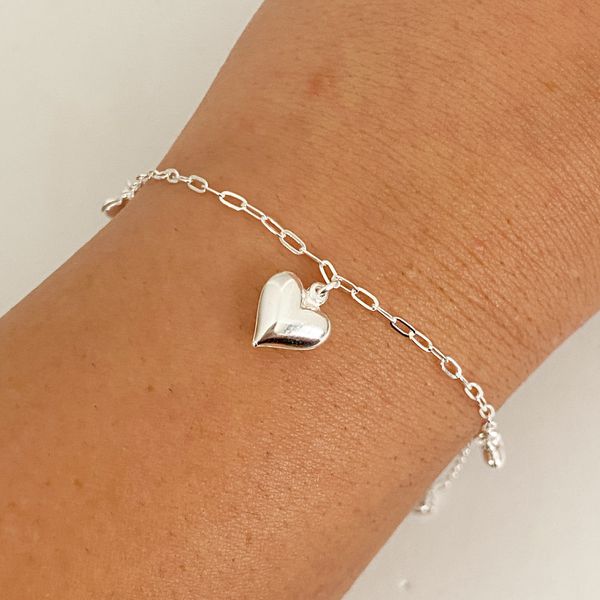 Pulseira Prata Legitima 925 3 Pingentes Coração Liso 1,8gr