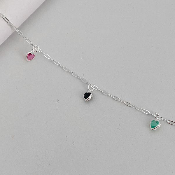 Tornozeleira Prata Legitima 925 Pingentes Coração Colorido 1,7gr