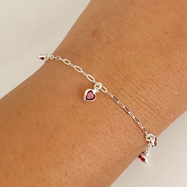 Pulseira Prata Legitima 925 5 Pingentes Coração Vermelho 1,4gr
