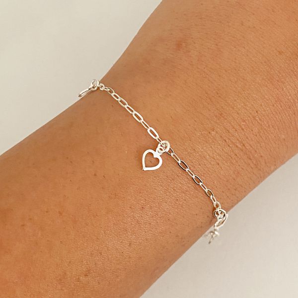 Pulseira Prata Legitima 925 5 Pingentes de Coração Vazado 1,4gr 